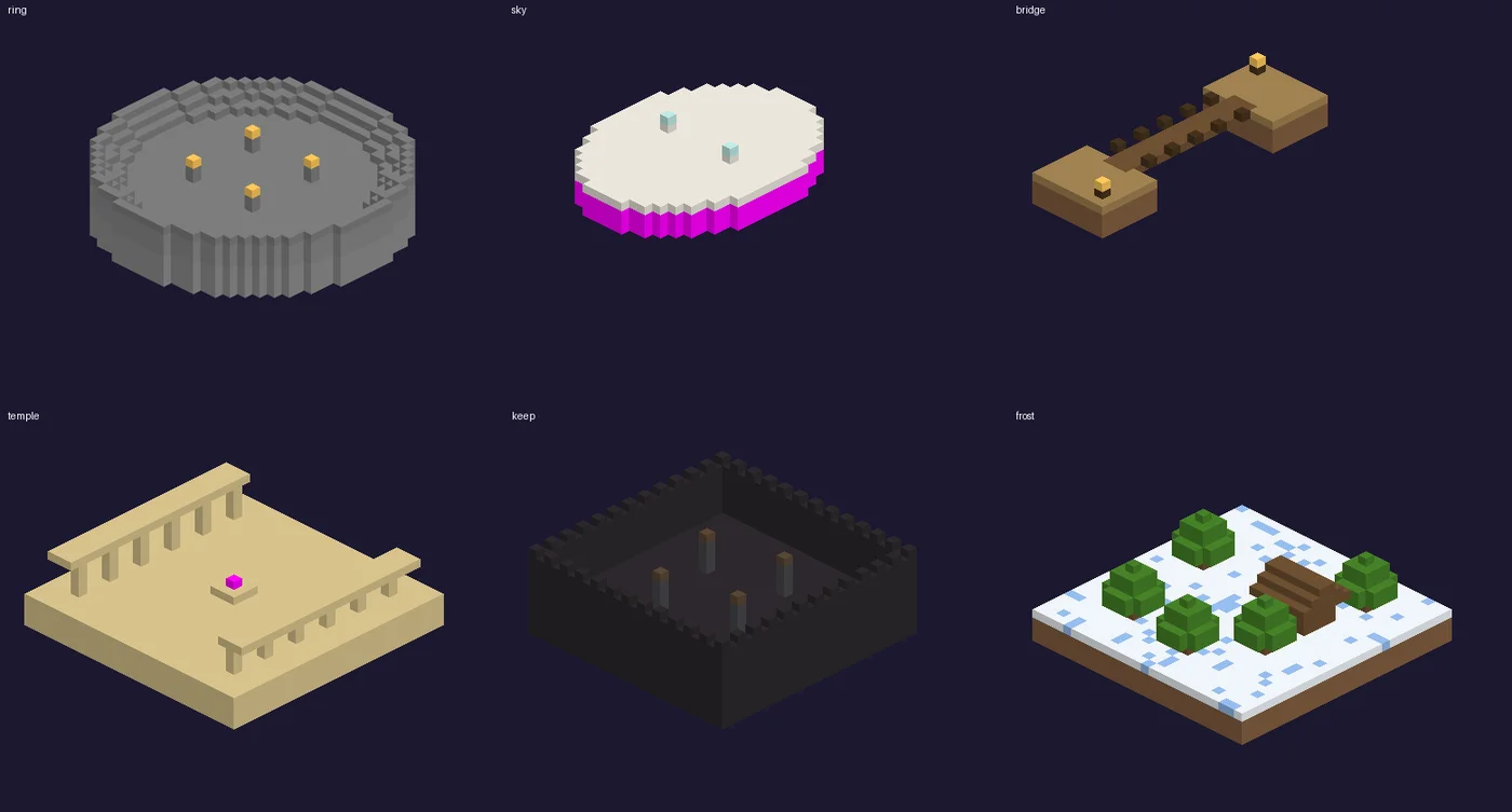 Layout previews of the six duel pits