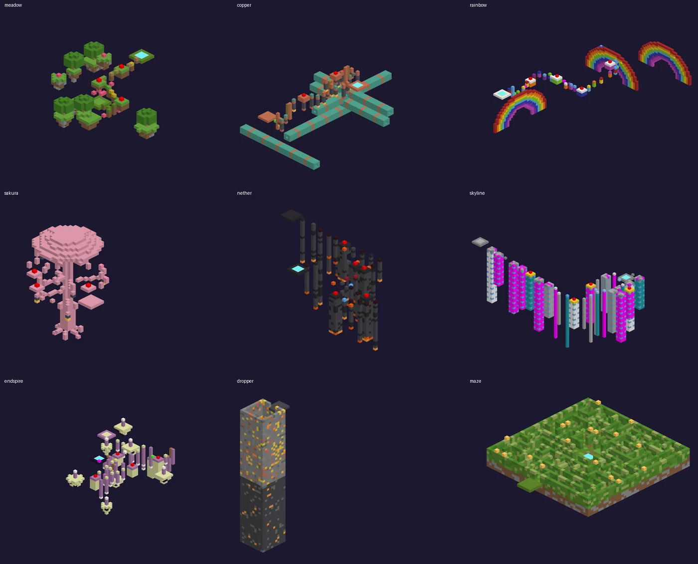 Layout previews of the nine parkour courses